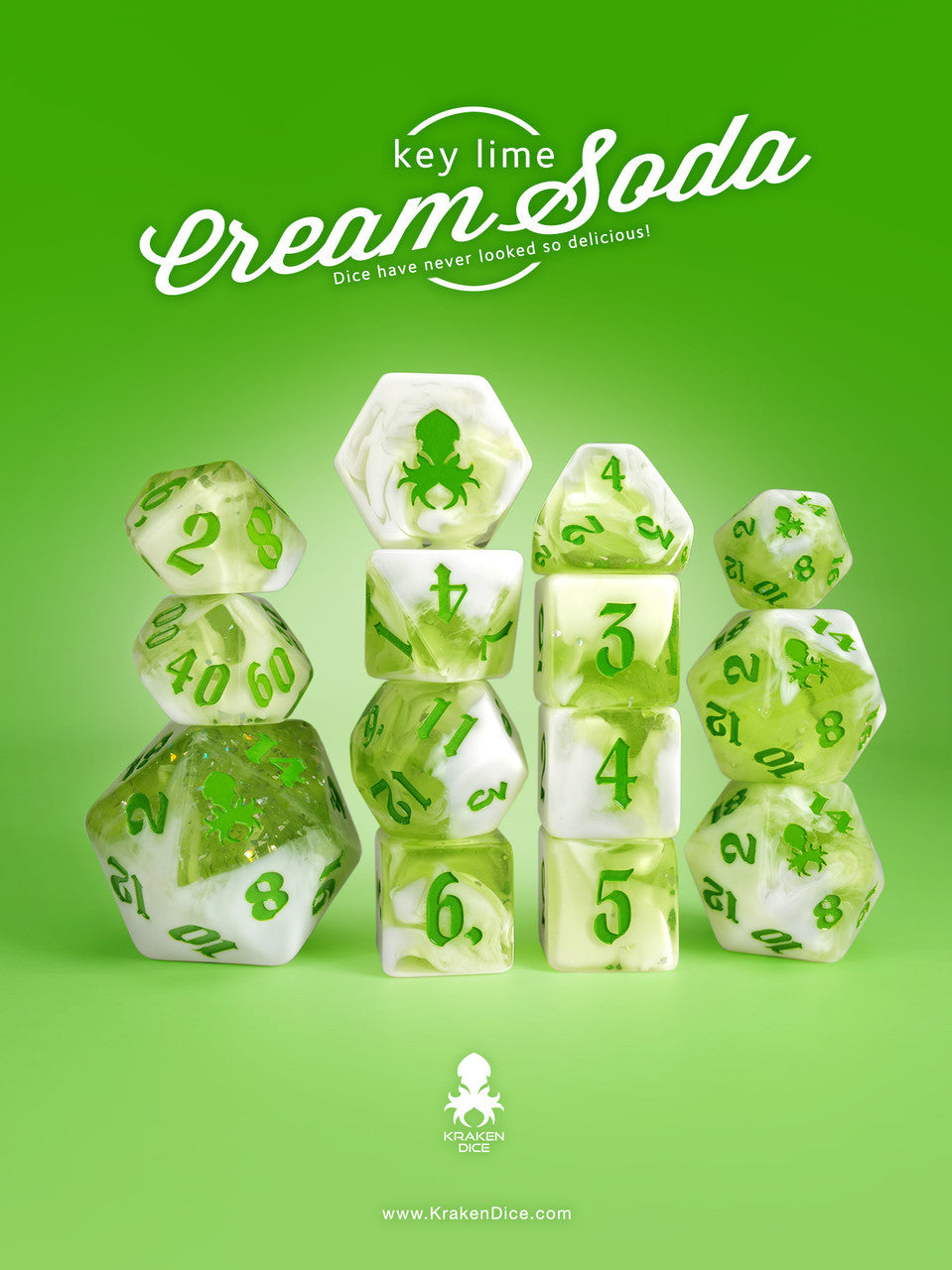 Key Lime Cream Soda 14pc TTRPG Dice Set with Green Ink